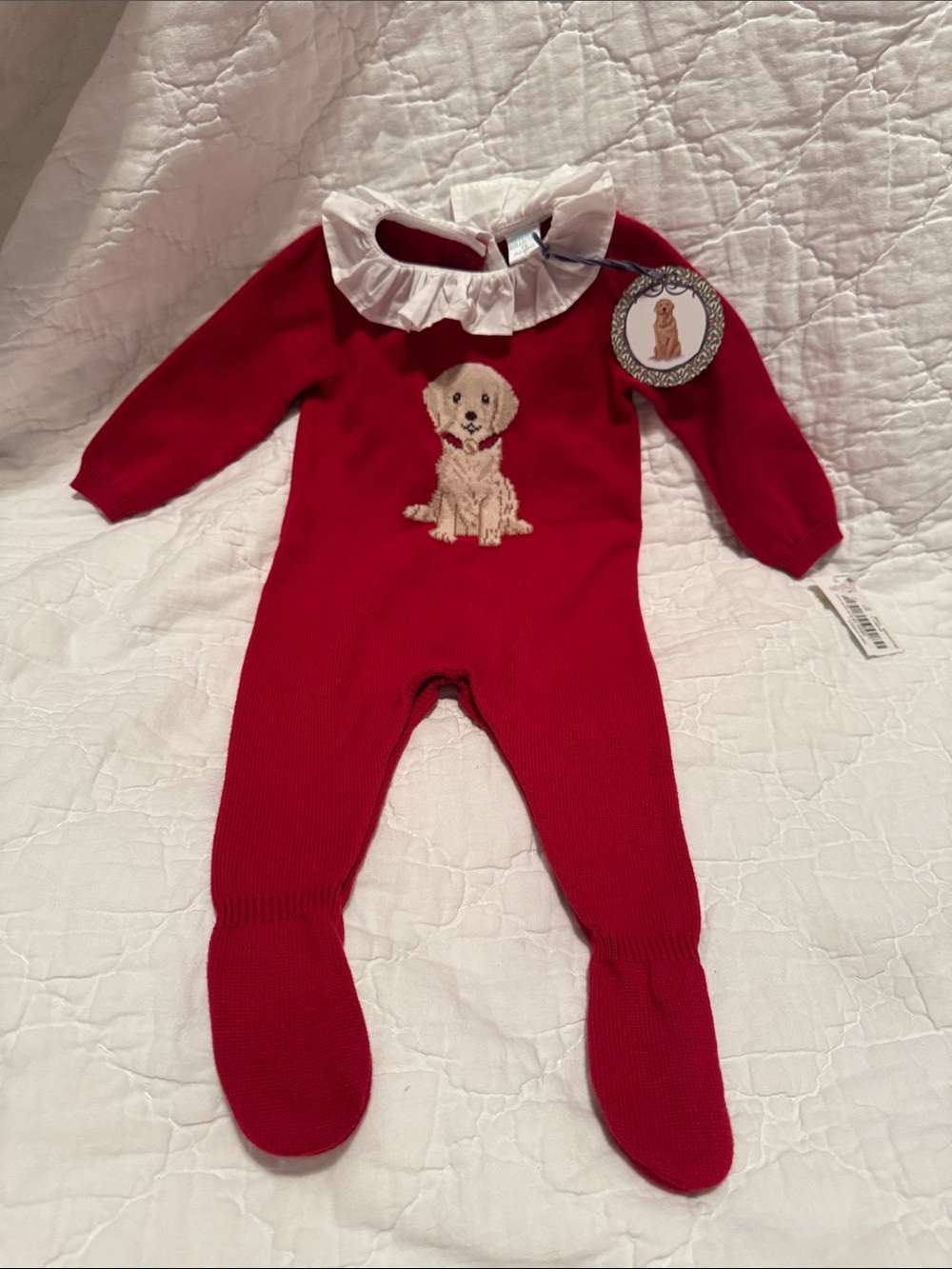 Edgehill Collection Red Knit Footie with Puppy and Ruffle Collar